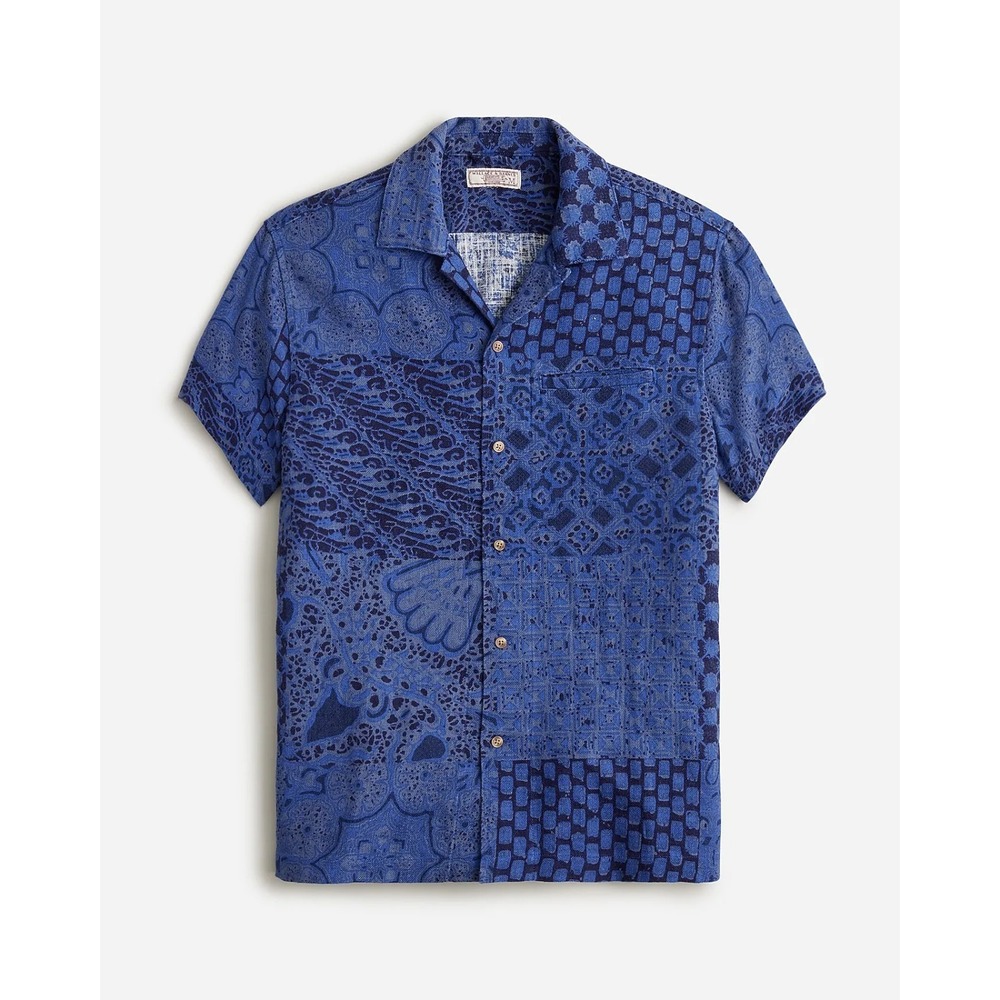 Wallace & Barnes Patchwork Blue Ramie Cotton Camp Collar Shirt L BO869
